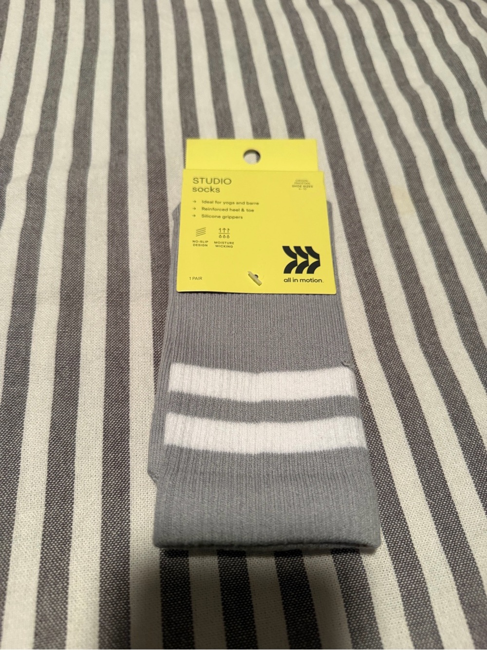 All in Motion Women’s Gray Studio Grip Socks with White Stripes
